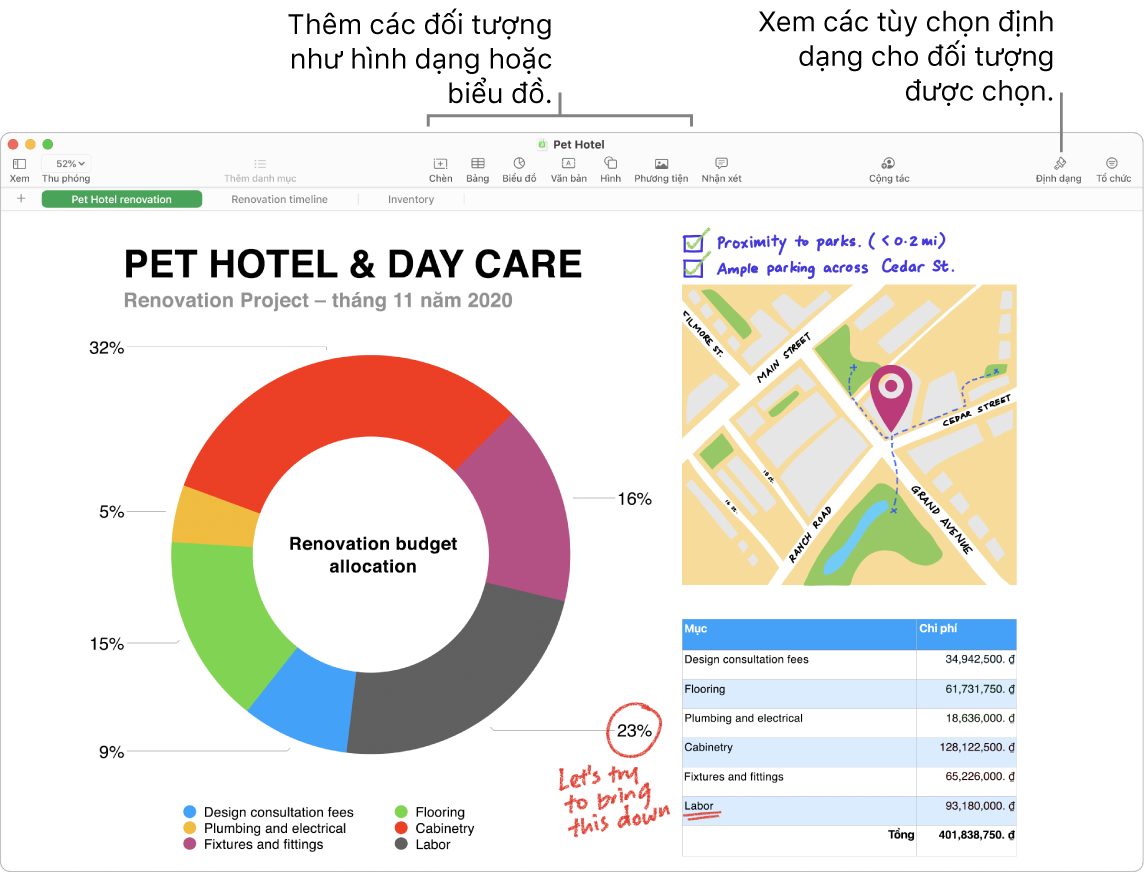 Một cửa sổ Numbers với thanh công cụ và các công cụ sửa ở trên cùng, nút Cộng tác ở gần trên cùng bên phải và các nút Định dạng và Tổ chức ở bên phải.