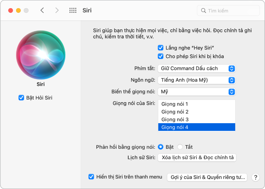 Cửa sổ tùy chọn Siri với Bật Hỏi Siri được chọn ở bên trái và một số tùy chọn để tùy chỉnh Siri ở bên phải, bao gồm “Lắng nghe ‘Hey Siri’”.