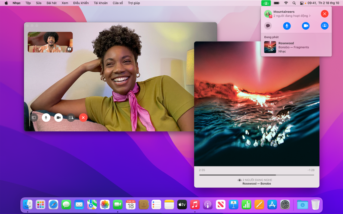 Trải nghiệm nghe được chia sẻ với những người nghe khác trong cửa sổ FaceTime và cửa sổ ứng dụng Nhạc đang phát một bài hát.