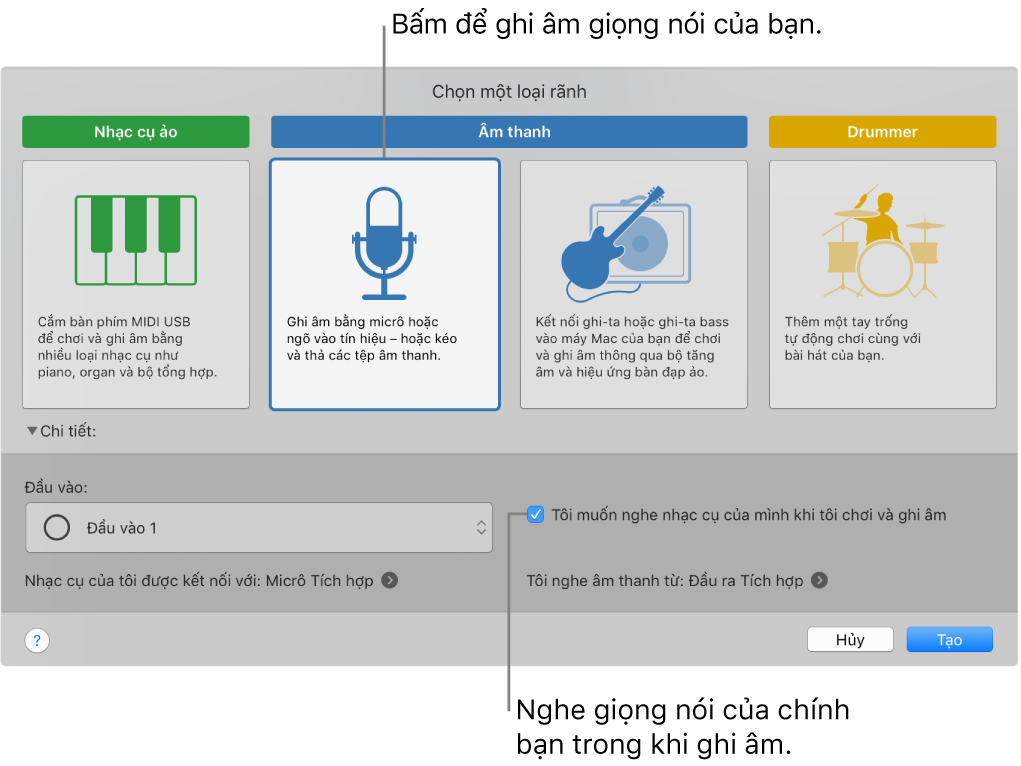 Khung nhạc cụ GarageBand đang hiển thị nơi cần bấm để ghi âm giọng hát và cách nghe chính bạn trong khi ghi âm.