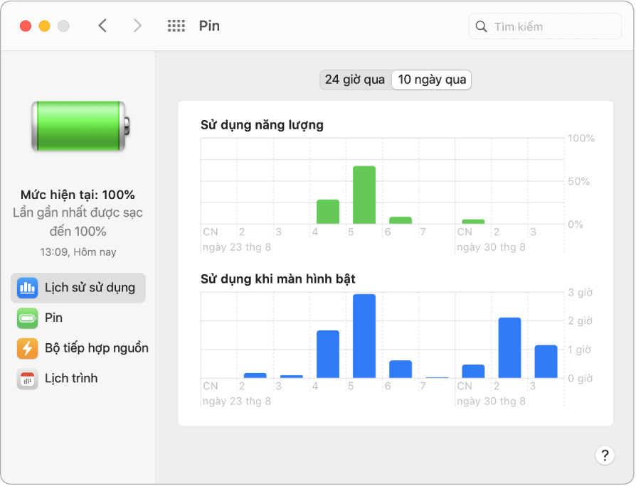 Cửa sổ Lịch sử sử dụng pin với 10 ngày qua được chọn.