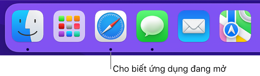 Một phần của Dock đang hiển thị các dấu chấm màu đen bên dưới các ứng dụng được mở.