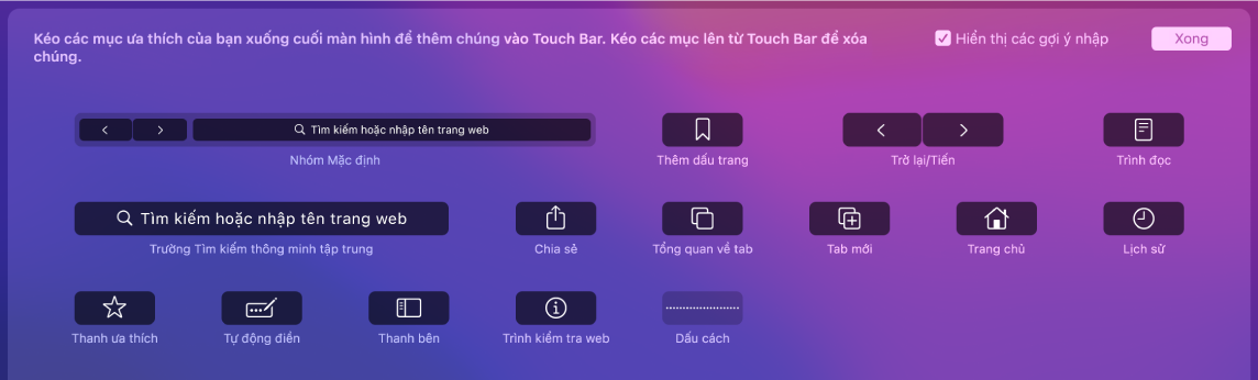 Tùy chọn Tùy chỉnh Safari có thể được kéo vào Touch Bar.