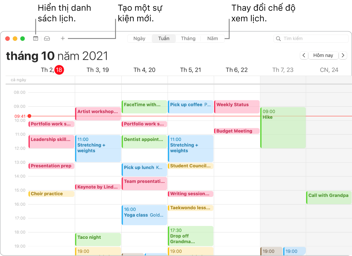 Một cửa sổ Lịch đang hiển thị danh sách lịch, cách tạo một sự kiện và cách chọn chế độ xem Ngày, Tuần, Tháng hoặc Năm.