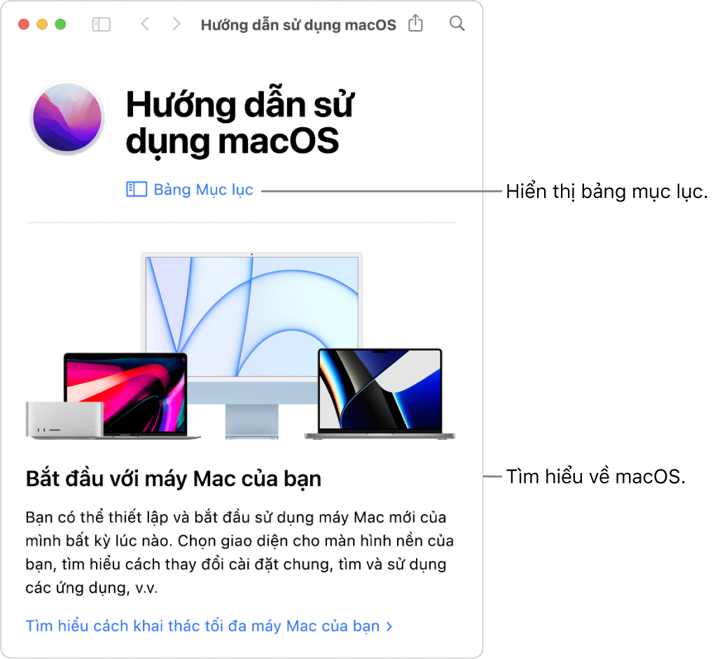 Trang chào mừng Hướng dẫn sử dụng macOS đang hiển thị liên kết Bảng mục lục.