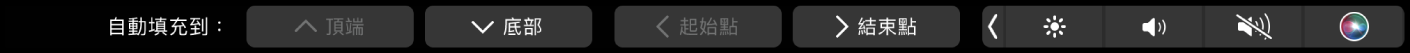 Numbers 觸控列顯示「自動填充」按鈕。這些按鈕包含頂端、底部、起始點和結束點。