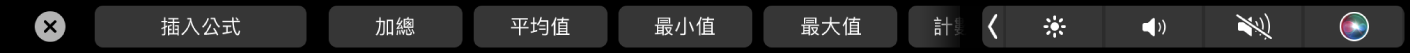 Numbers 觸控列顯示「公式」按鈕。這些按鈕包含加總、平均值、最小值和最大值。