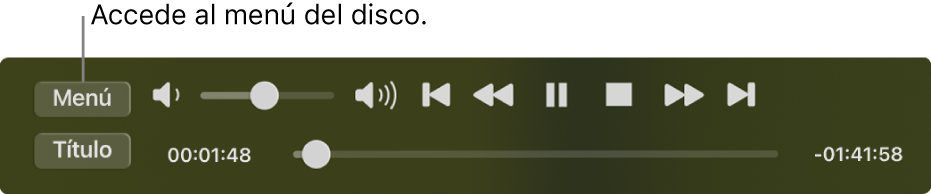 El botón Menú está en la esquina superior izquierda de los controles de reproducción de la app Reproductor de DVD. Haz click en el botón Menú para acceder a los menús del disco.