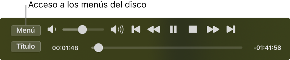 El botón Menú está en la esquina superior izquierda de los controles de reproducción de Reproductor de DVD. Haz clic en el botón Menú para acceder a los menús del disco.