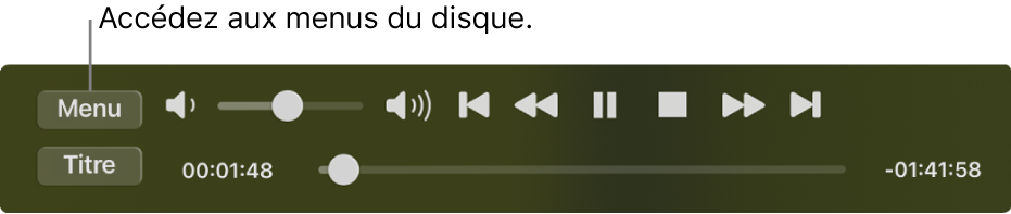 Le bouton de menu situé dans le coin supérieur gauche des commandes de lecture de Lecteur DVD. Cliquez sur le bouton Menu pour accéder aux menus du disque.