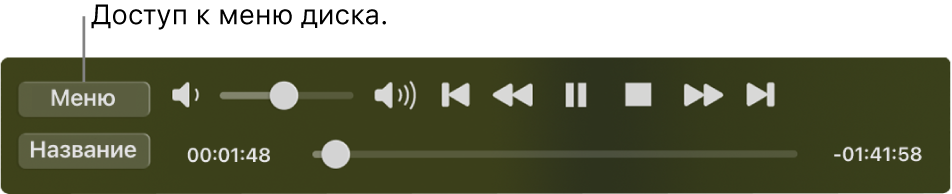 Кнопка «Меню» расположена в левом верхнем углу элементов управления воспроизведением в DVD-плеере. Нажмите кнопку «Меню» для доступа к меню диска.