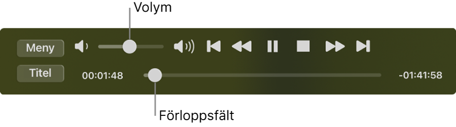Uppspelningsreglagen för DVD-spelare med volymreglaget högst upp till vänster och tidslinjen längst ned. Dra förloppshandtaget i tidslinjen för att hoppa till en annan plats i filmen.