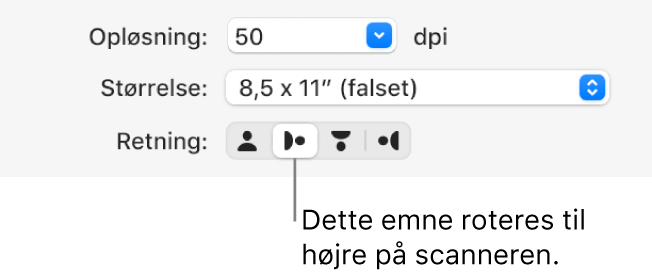 Retningsknapperne i scannervinduet. En fremhævet knap viser, at et emne er roteret til højre på scanneren.