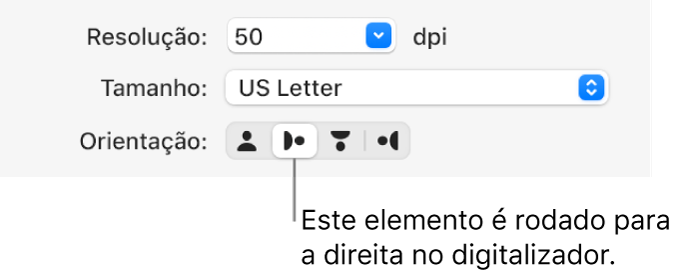 Os botões Orientação na janela Digitalizador. Um botão em destaque indica que um elemento é rodado para a direita no digitalizador.