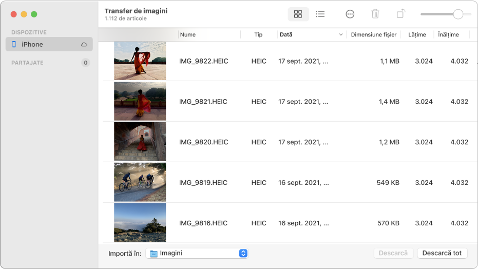 Fereastra Transfer de imagini afișând imaginile de importat de pe un iPhone.