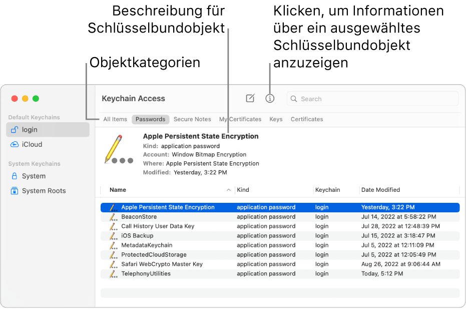 Das Fenster „Schlüsselbundverwaltung“. Links ist eine Liste mit deinen Schlüsselbunden zu sehen. Oben rechts befindet sich eine Liste der Kategorien der Objekte, die sich im ausgewählten Schlüsselbund befinden (z. B. Passwörter). Unten rechts werden die Objekte in der ausgewählten Kategorie aufgelistet und über der Objektliste wird eine Beschreibung des ausgewählten Objekts angezeigt.