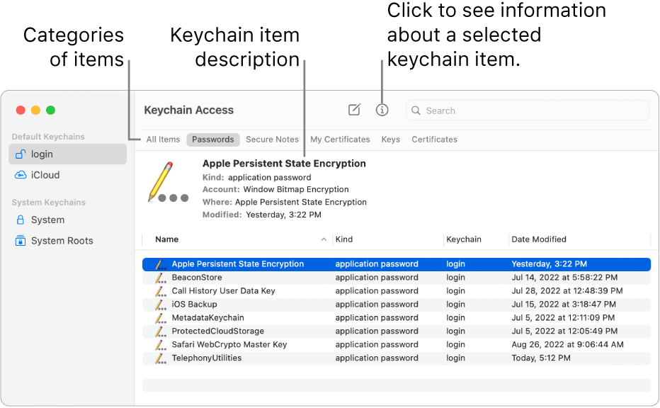 The Keychain Access window. At the left is a list of your keychains. At the top right is a list of categories of items in the selected keychain (such as Passwords). At the bottom right is a list of items in the selected category, and above the list of items is a description of the selected item.