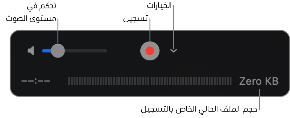 عناصر التحكم في التسجيل، وتحتوي على عنصر التحكم في مستوى الصوت، والزر تسجيل، والقائمة المنبثقة خيارات.