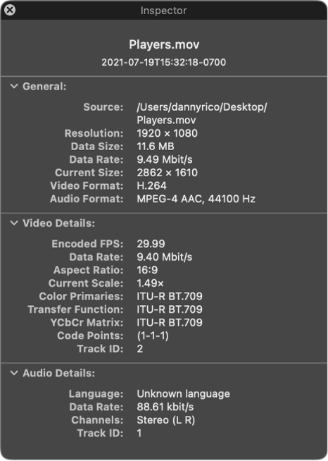 El inspector de videos mostrando información general sobre el archivo, como la resolución, el tamaño y el formato de audio y video. La ventana también muestra los detalles sobre el audio y video del archivo seleccionado.