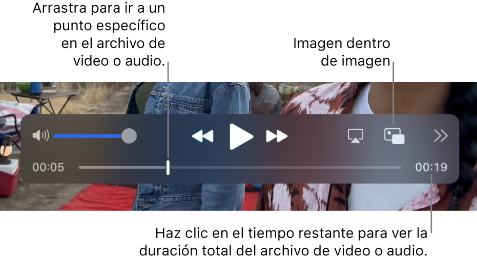 Los controles de reproducción de QuickTime Player. En la parte superior se encuentran el control de volumen, el botón Retroceder, el botón “Reproducir/Pausar”, el botón Adelantar, el botón “Elegir pantalla”, el botón “Imagen dentro de imagen”, el botón “Compartir y velocidad de reproducción”. En la parte inferior se sitúa el cursor de reproducción que puede arrastrar para ir a un punto específico del archivo. El tiempo restante en el archivo aparece en la parte inferior.