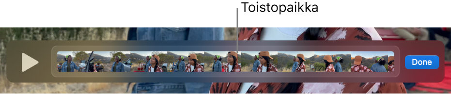 Klippi QuickTime Player -ikkunassa, ja toistokohta lähellä klipin keskiosaa.