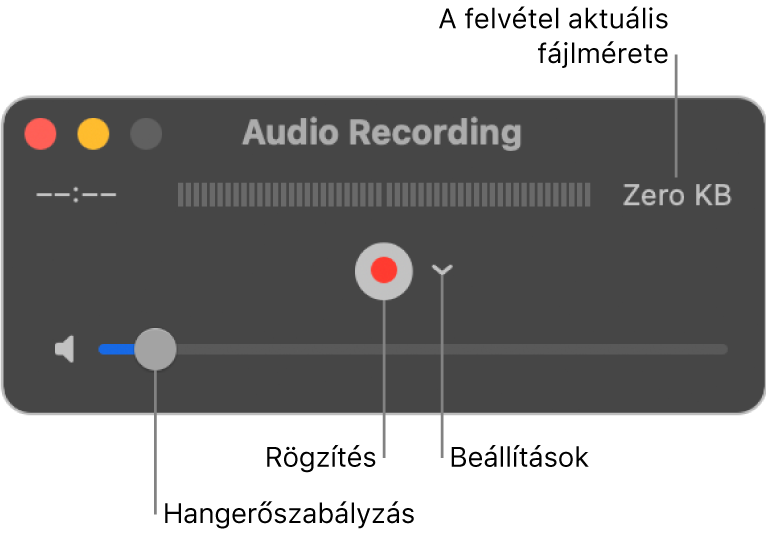 A Hangfelvétel ablak; középen a Felvétel gomb és a Beállítások felugró menü, alul pedig a hangerőszabályzó.