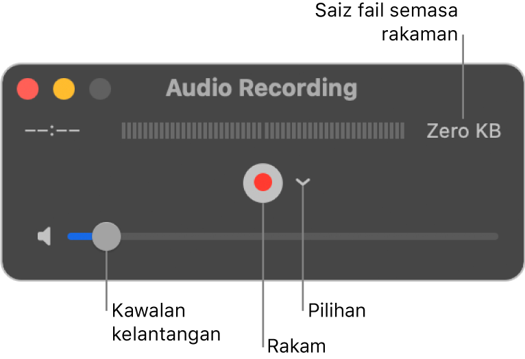 Tetingkap Rakaman Audio dengan butang Rakam dan menu timbul Pilihan di tengah tetingkap, serta kawalan kelantangan di bahagian bawah.