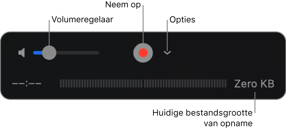 De opnameregelaars, met de volumeregelaar, de opnameknop en het venstermenu 'Opties'.