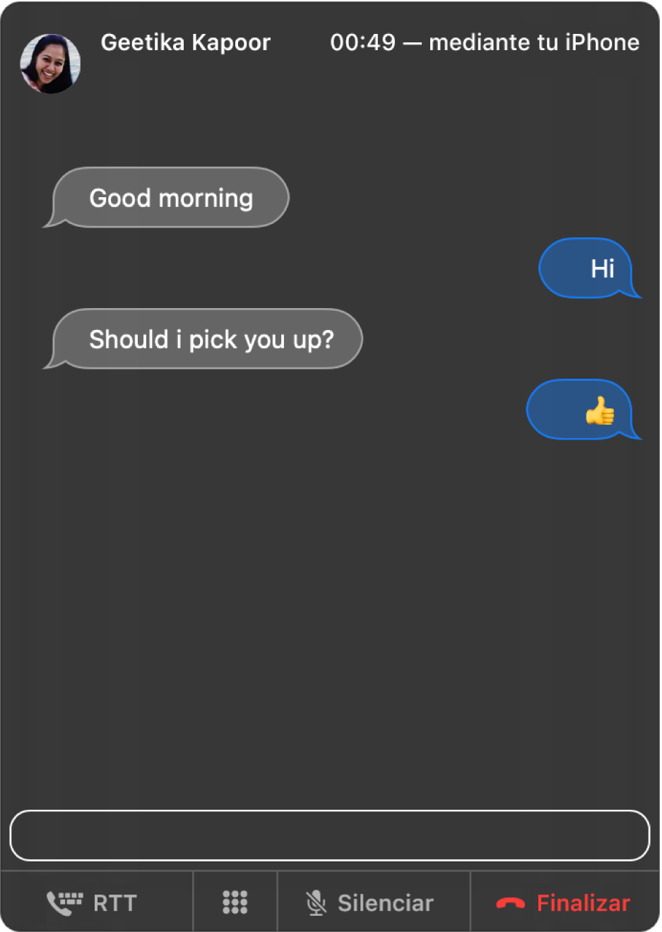 Una ventana de RTT con una conversación entre dos personas.