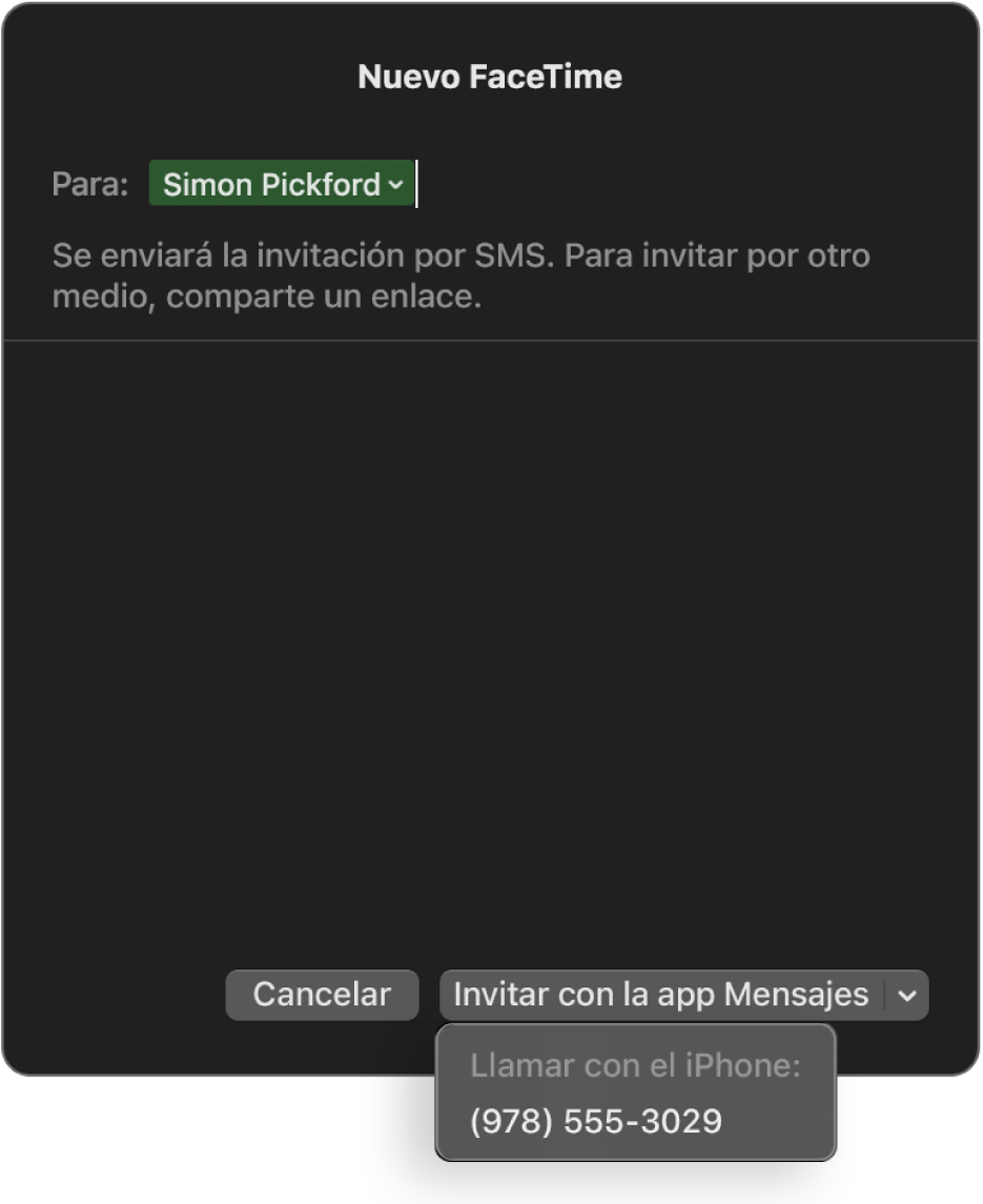 La ventana de “Nuevo FaceTime” con el nombre de una persona en el campo de destinatario. La ventana emergente que aparece en la parte inferior dice que puedes invitar a personas con Mensajes (enviar un SMS) o llamar con el iPhone.