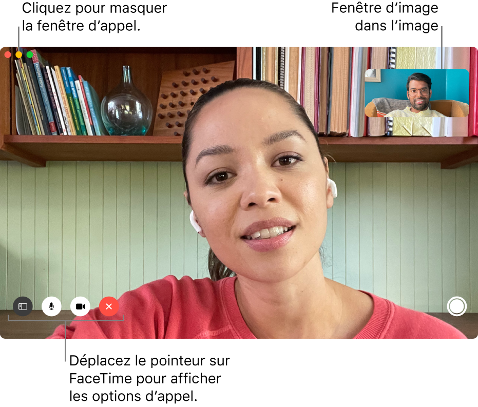 Placez le pointeur sur la fenêtre FaceTime pour afficher des options, comme les boutons Barre latérale, Couper le son, Couper le son de la vidéo, Raccrocher et Live Photos. Cliquez sur le bouton du milieu dans le coin supérieur gauche pour masquer la fenêtre d’appel. La fenêtre d’image dans l’image s’affiche dans le coin supérieur droit.