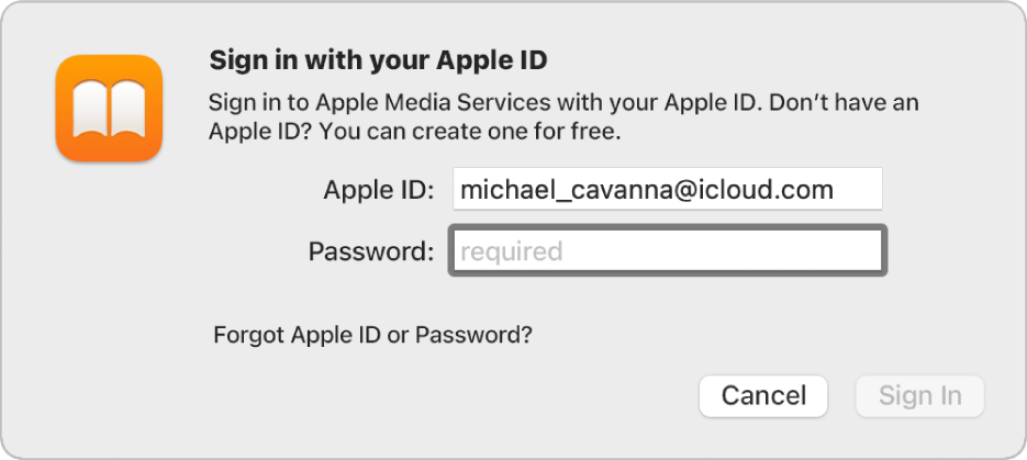 The dialogue to sign in to Apple Books using an Apple ID and password.