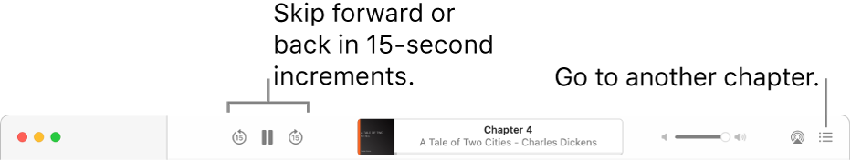 The audiobook player in Apple Books showing, from left to right, the Playback Speed button, the Skip Forward and Skip Back buttons, the Sleep Timer button, the title and author of the currently playing audiobook, the Volume slider, and the Table of Contents button.