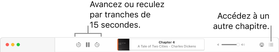 Le lecteur de livre audio dans Apple Books qui affiche, de gauche à droite, le bouton Vitesse de lecture, les boutons Saut vers l’avant et Saut vers l’arrière, le bouton Minuterie de veille, le titre et l’auteur du livre audio en cours de lecture, le curseur de volume et le bouton Table des matières.