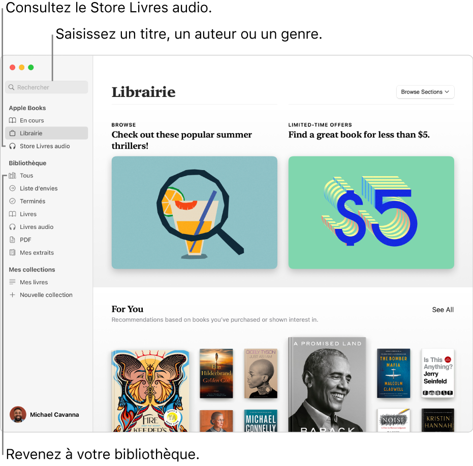 La barre latérale dans Livres. Cliquez sur Librairie ou « Store Livres Audio » pour parcourir du contenu. Pour effectuer une recherche, saisissez un titre, auteur ou genre dans le champ de recherche. Pour revenir à votre bibliothèque, cliquez sur Tous.