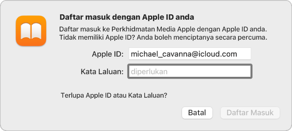 Dialog untuk mendaftar masuk ke Apple Books menggunakan Apple ID dan kata laluan.