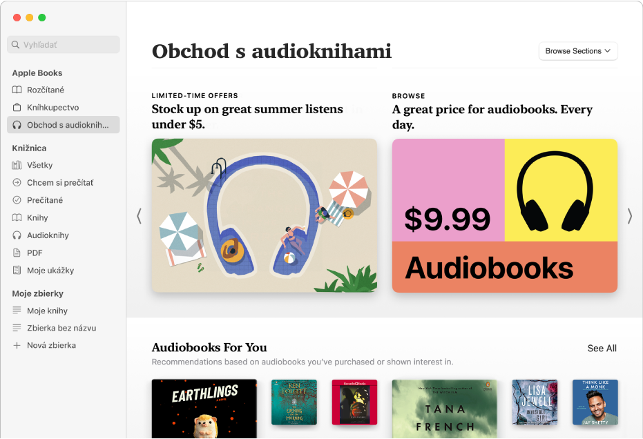 Hlavné okno Audiobook Storu zobrazujúce odporúčané audioknihy.