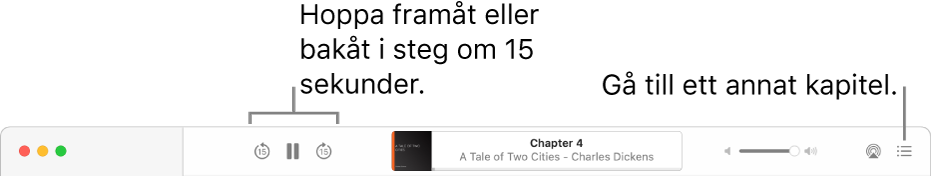 Ljudboksspelaren i Böcker visar (från vänster till höger) knappen för uppspelningshastighet, knapparna för att hoppa framåt och bakåt, knappen för vilotimer, titeln och författaren på ljudboken som spelas upp just nu, volymreglaget och knappen för innehållsförteckningen.