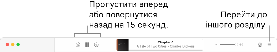 Програвач аудіокниг в Apple Books. Відображаються кнопки «Швидкість відтворення», «Крок уперед», «Крок назад», кнопка «Таймер сну», назва й автор книги, що відтворюється, смуга гучності і кнопка «Зміст».