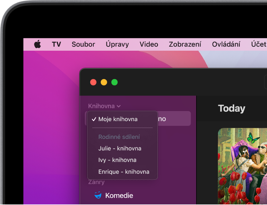 Obrazovka knihovny aplikace Apple TV s knihovnami členů rodiny na bočním panelu