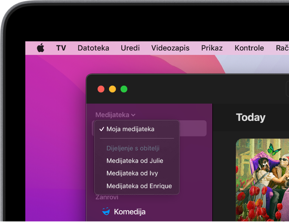 Zaslon medijateke aplikacije za Apple TV s medijatekama članova obitelji prikazanima u rubnom stupcu.