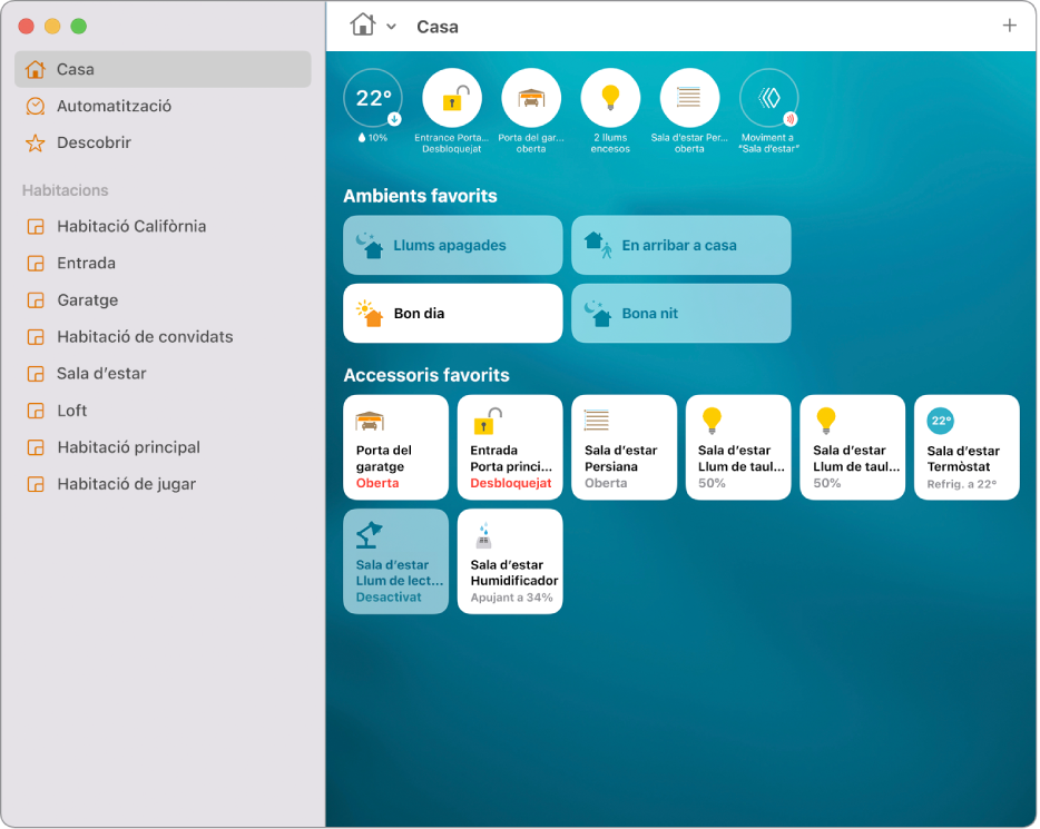 La pantalla de l’app Casa que mostra les icones d’estat a la part superior seguides pels els ambients favorits en què s’ha ressaltat “Soc a casa” i, a continuació, els accessoris favorits.