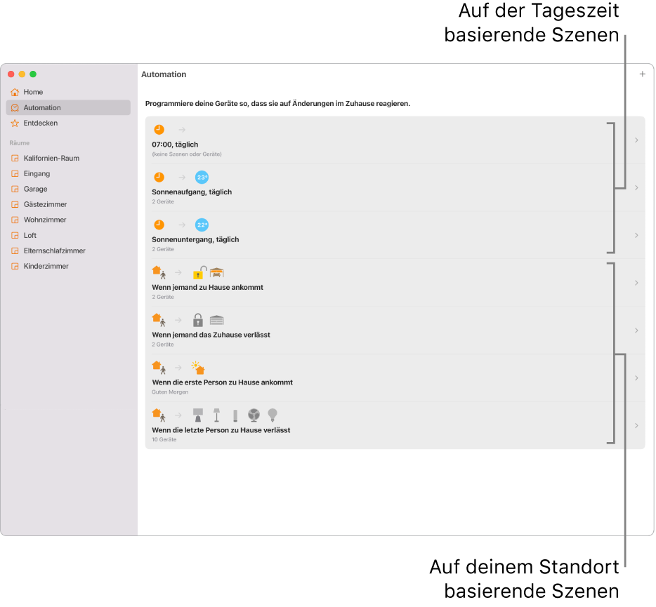 Der Bildschirm „Automation“ mit Szenen, die auf der Uhrzeit basieren, und Szenen, die auf dem Standort basieren, etwa wenn eine Person bei dir ankommt oder dein Zuhause verlässt.