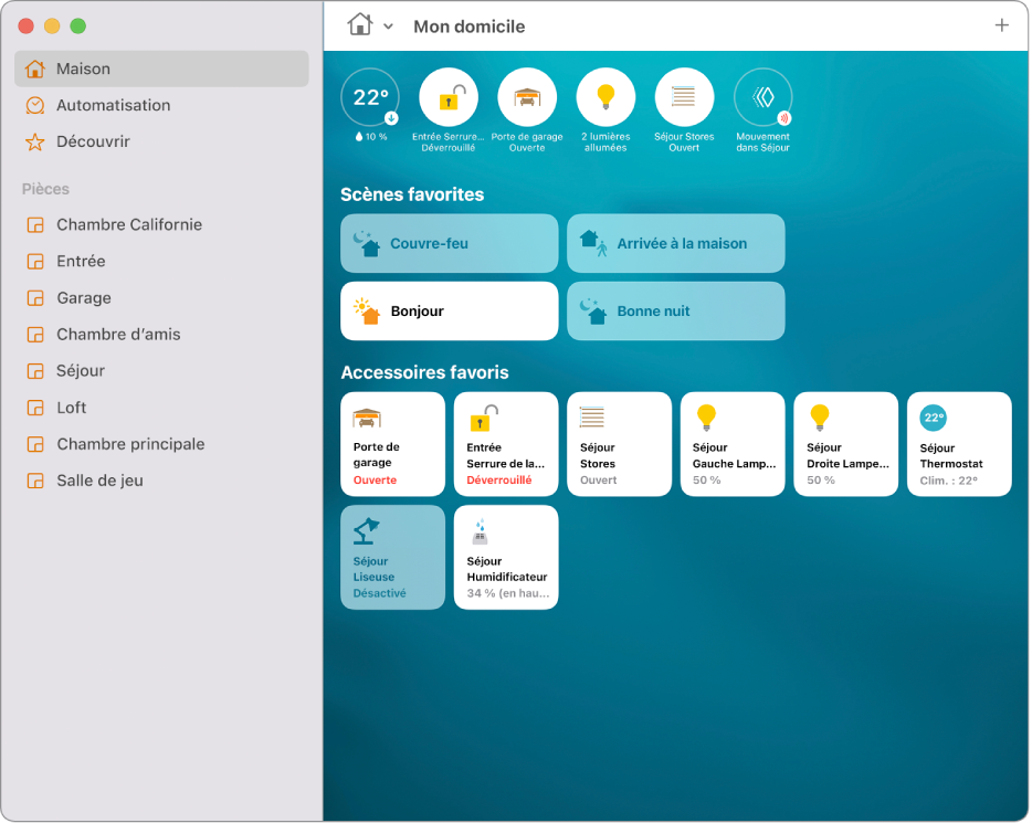 L’écran Maison affichant des icônes d’état en haut, puis les scènes favorites mettant en évidence « Je suis à la maison », suivi par les accessoires favoris.