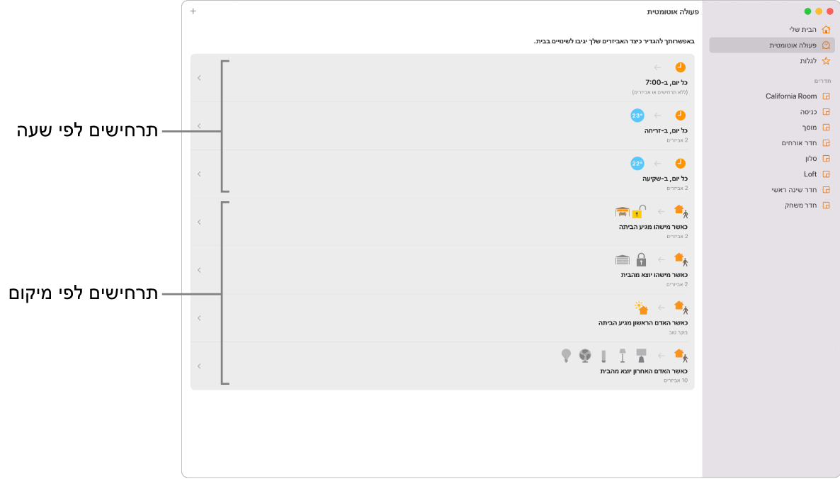 המסך ״פעולה אוטומטית״ מציג תרחישים המבוססים על השעה ביום ותרחישים המבוססים על מיקום, למשל, כשמגיעים הביתה או יוצאים מהבית.