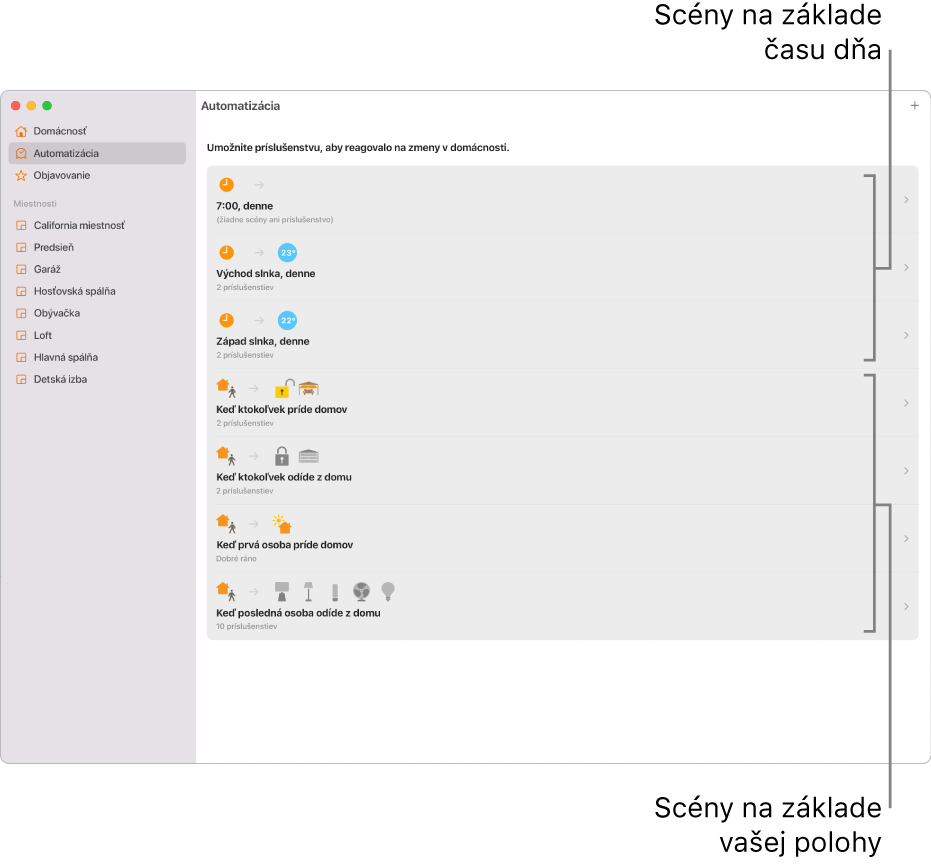 Obrazovka Automatizácia zobrazujúca scény na základe času dňa a scény na základe miesta, napríklad keď niekto príde alebo odíde z domu.