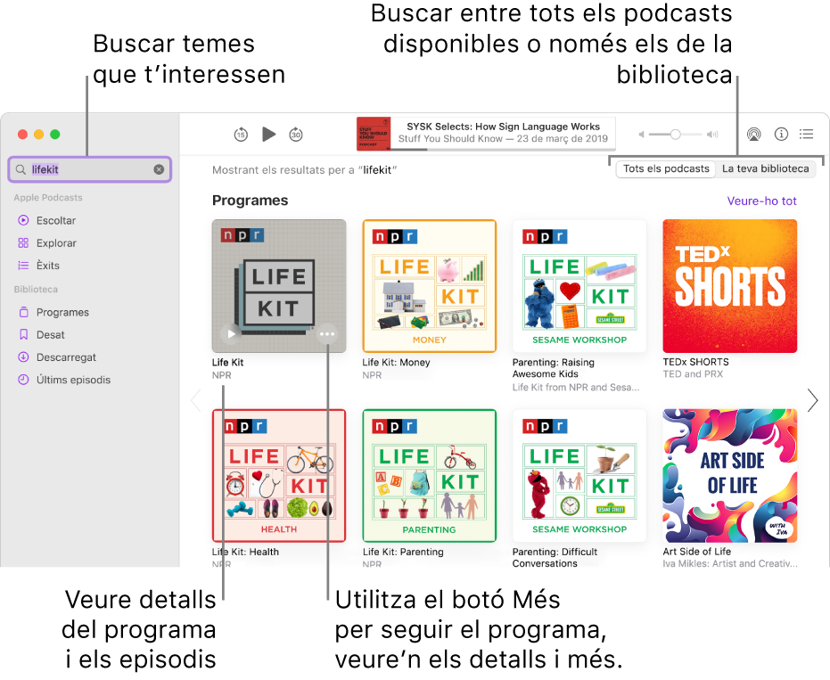 La finestra de l’app Podcasts mostrant el text introduït al camp de cerca a la cantonada superior esquerra, amb tots els podcasts coincidents amb la cerca a la dreta de la pantalla. Fes clic a l’enllaç que hi ha a sota del programa per veure informació detallada sobre el programa i els seus episodis. Utilitza el botó Més del programa per seguir el programa i canviar‑ne la configuració, entre altres accions.