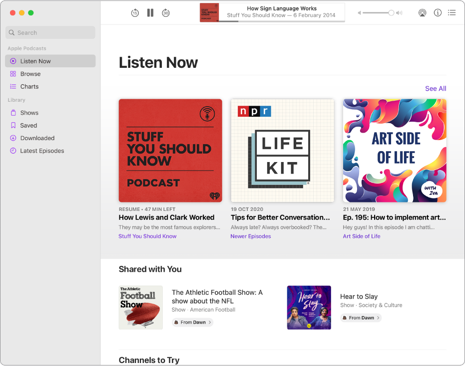 The Podcasts window showing several podcasts shared with you.