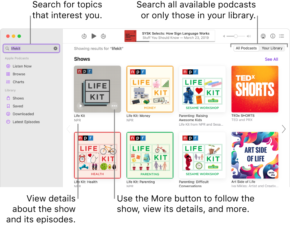 The Podcasts window showing text entered in the search field in the top-left corner, and episodes and shows matching the search of all podcasts in the screen to the right. Click the link below the show to view details about the show and its episodes. Use the show’s More button to follow the show, change its settings, and more.