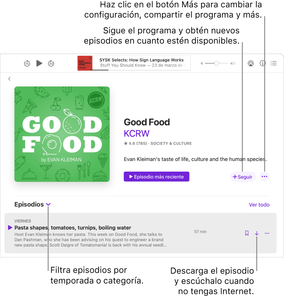 Una página de información de un podcast. Haz clic en el sotón seeguir para obtener los episodios nuevos en cuanto estén disponibles. Haz clic en el botón Más para cambiar la configuración, compartir el programa y más. Filtrar episodios por temporada o categoría. Descarga el episodio si quieres escucharlo cuando no tengas una conexión a Internet.